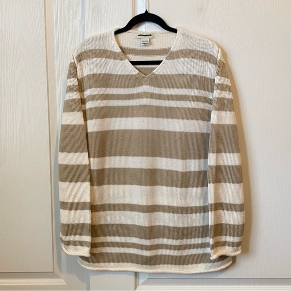 Eddie Bauer Knit Cream and Tan Striped Cotton Sweater Size Large - Picture 1 of 11